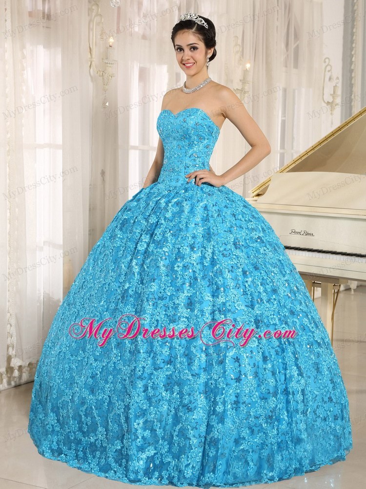 Teal Embroidery and Sequins Quinceanera Dress of Ball Gown