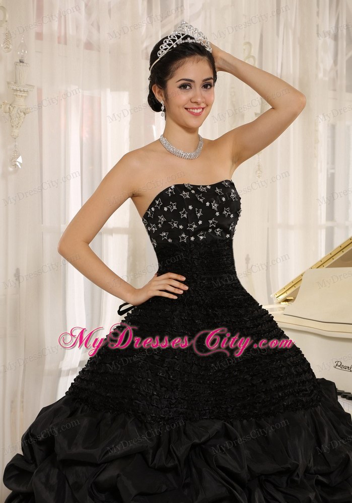 Stars Appliques and Pick-ups On Strapless Black Quinceanera Dress