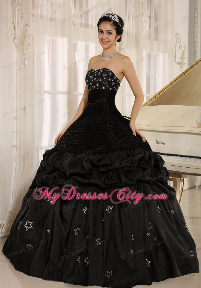 Stars Appliques and Pick-ups On Strapless Black Quinceanera Dress