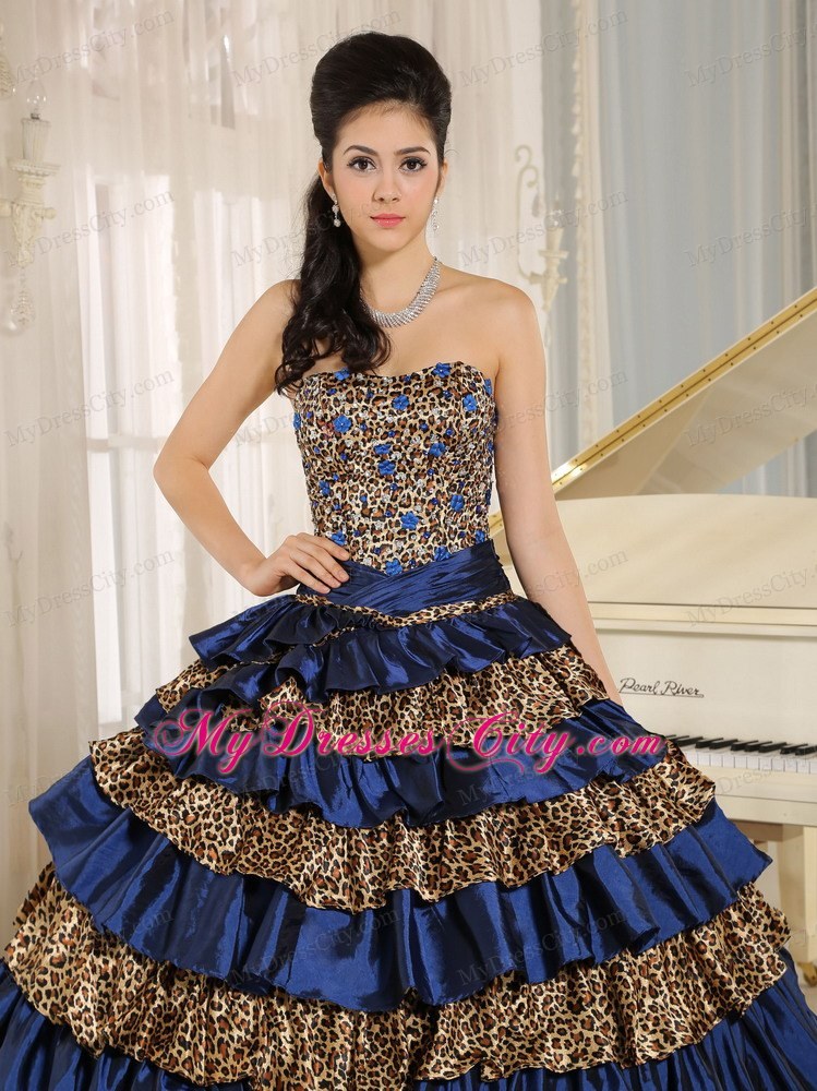 Navy Blue Leopard Ruffled Layers with Appliques Quinceanera Dress