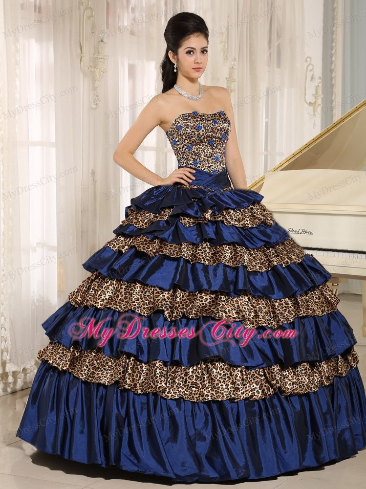 Navy Blue Leopard Ruffled Layers with Appliques Quinceanera Dress