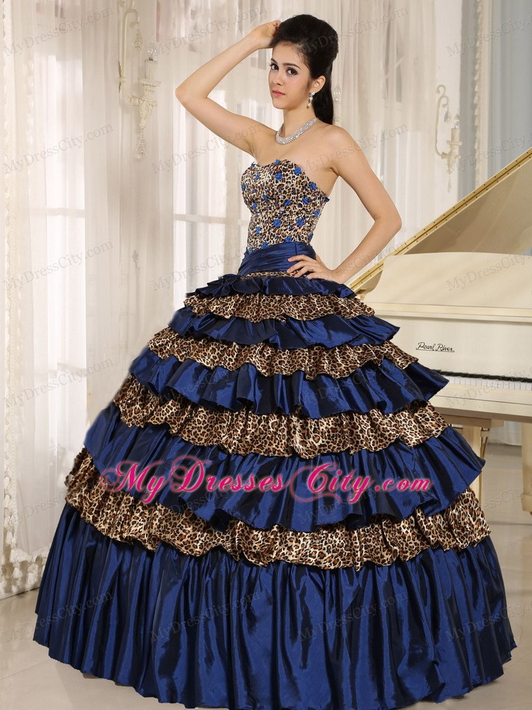 Navy Blue Leopard Ruffled Layers with Appliques Quinceanera Dress