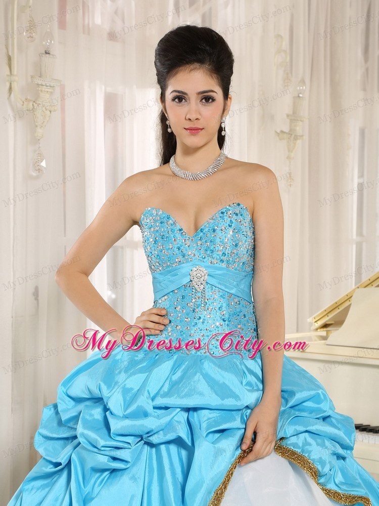 Aqua Blue and White Layers with Gold Rims Quinceanera Dress
