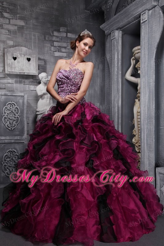 Burgundy Sweetheart Leopard and Organza Ruffled Quinceanera Dress