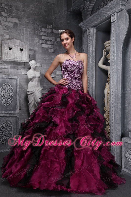 Burgundy Sweetheart Leopard and Organza Ruffled Quinceanera Dress