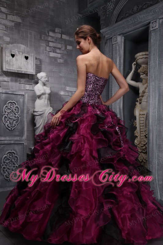 Burgundy Sweetheart Leopard and Organza Ruffled Quinceanera Dress