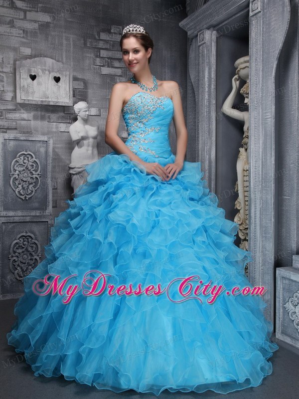 Aqua Blue Quinceanera Dress with Beadings and Puffy Ruffles