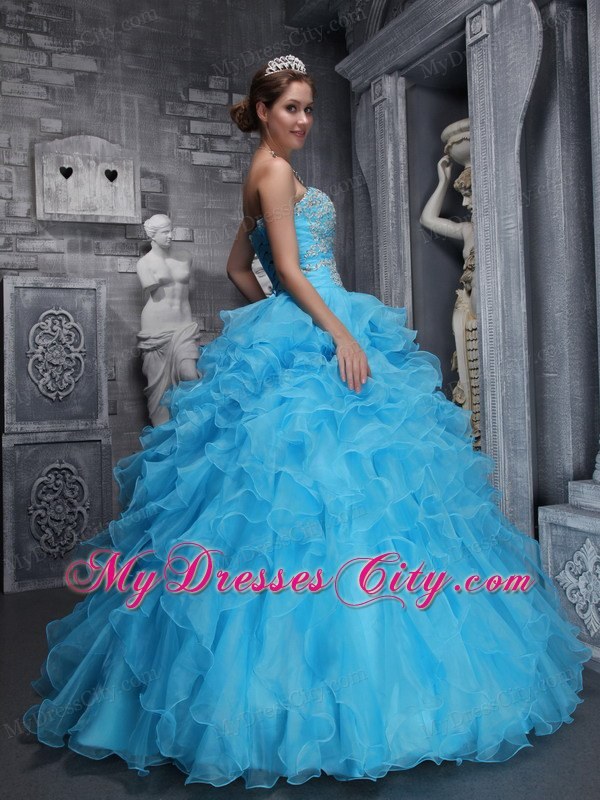 Aqua Blue Quinceanera Dress with Beadings and Puffy Ruffles