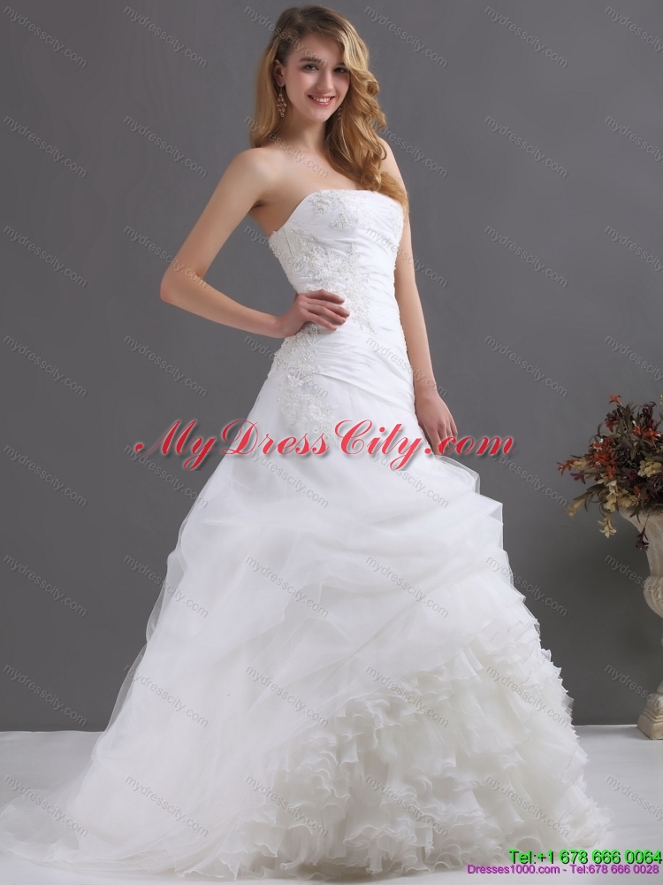 2015 Perfect Ruffles Strapless White Wedding Dresses with Hand Made Flower