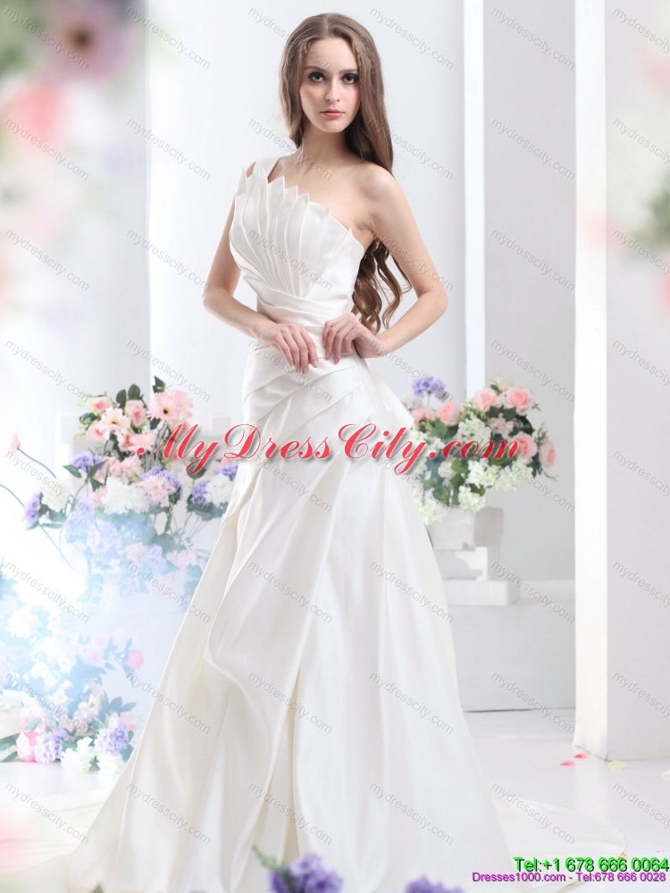 2015 Pleated One Shoulder White Wedding Dresses with Brush Train