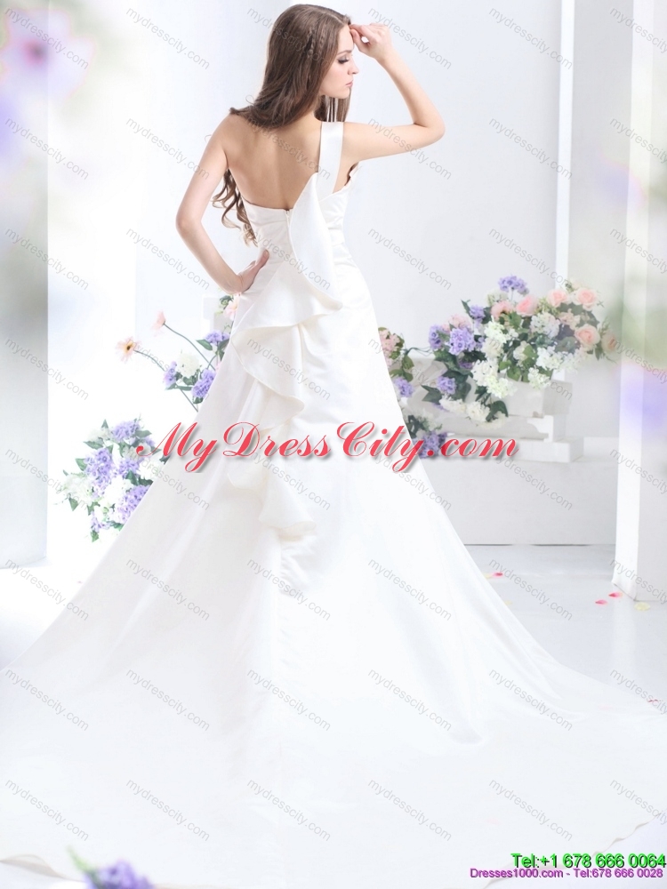 2015 Pleated One Shoulder White Wedding Dresses with Brush Train