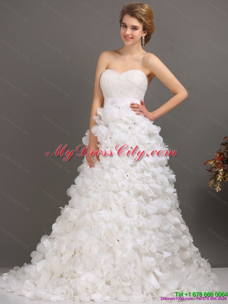 2015 White Sweep Train Ruffled Wedding Dresses with Beading