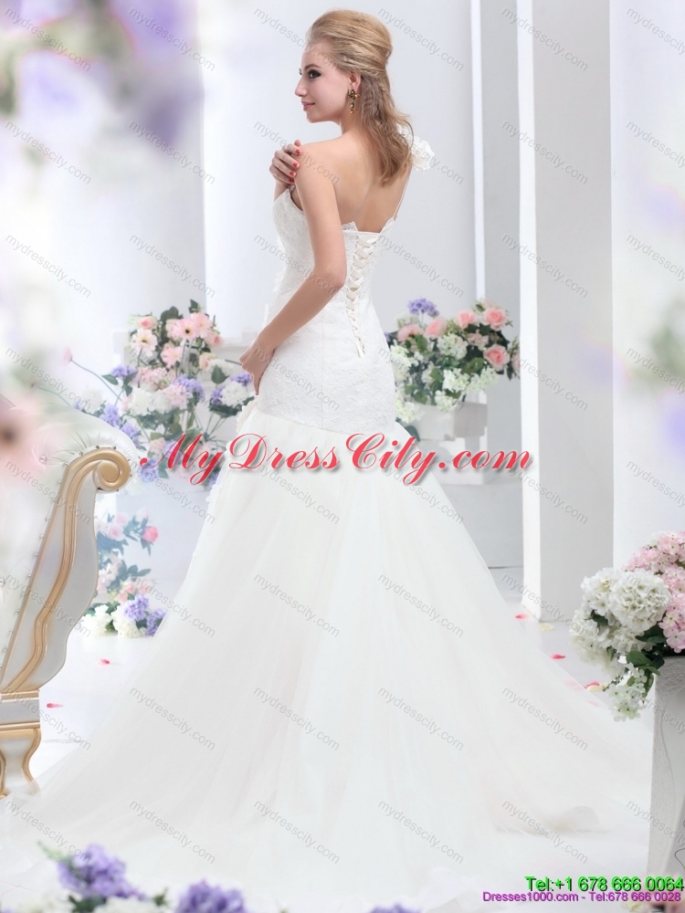 2015 Elegant One Shoulder Wedding Dress with Hand Made Flowers
