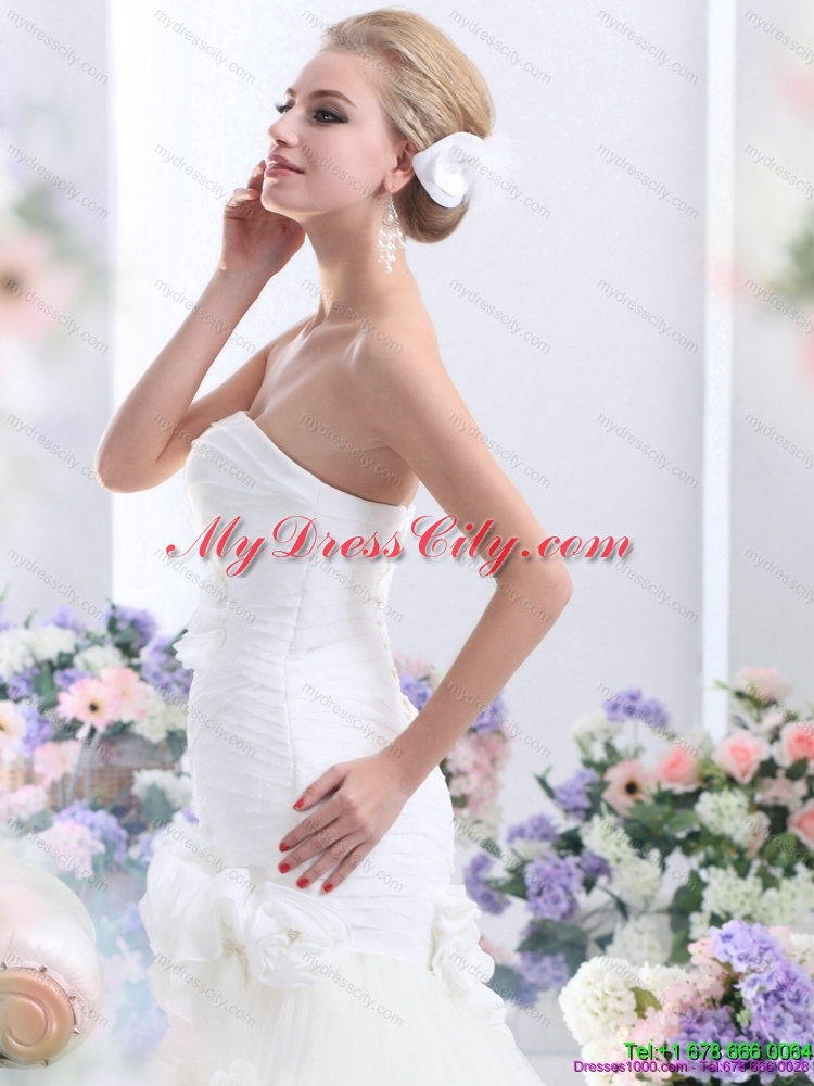 2015 White BrushTrain Strapless Bridal Gowns with Ruching and Hand Made Flowers
