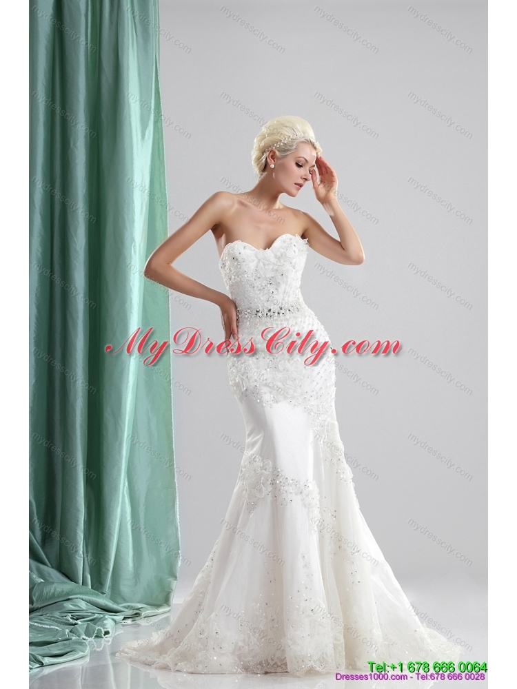Pretty White Sweetheart Wedding Dresses with Sequins and Brush Train