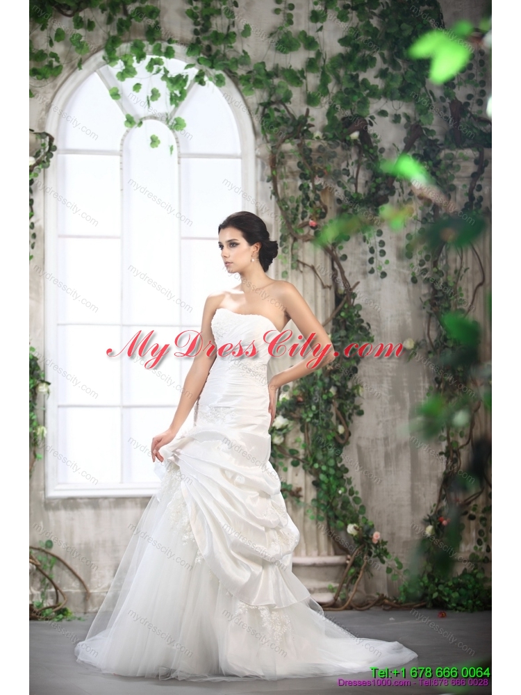 White Strapless Ruffled Wedding Dresses with Brush Train