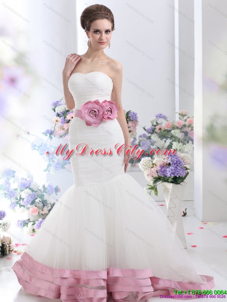 2015 Fashionable Strapless Mermaid colored Wedding Dress with Ruching and Hand Made Flowers