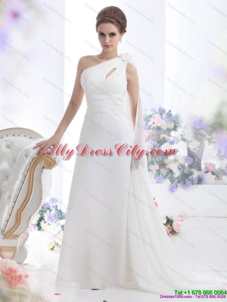 2015 Popular One Shoulder chiffon Wedding Dress with Ruching and Hand Made Flowers