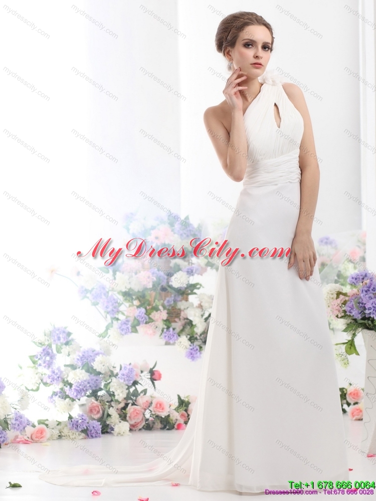 2015 Popular One Shoulder chiffon Wedding Dress with Ruching and Hand Made Flowers