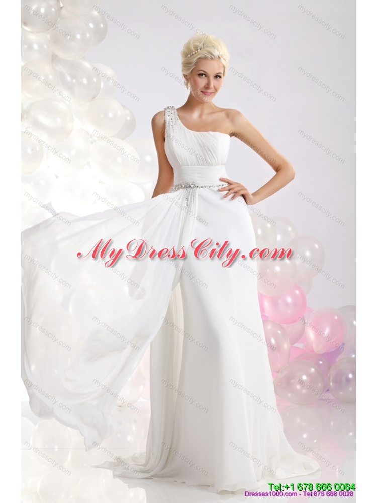White One Shoulder chiffon Wedding Dresses with Ruching and Beading