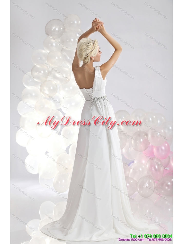 White One Shoulder chiffon Wedding Dresses with Ruching and Beading