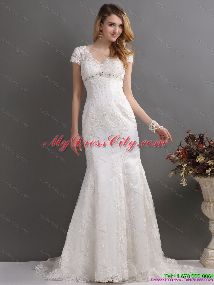 2015 Luxurious Bateau Wedding Dress with Lace and Beading