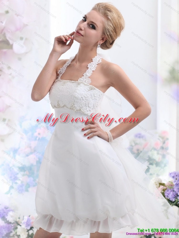 Cheap Halter Top Laced Short Bridal Gowns in White