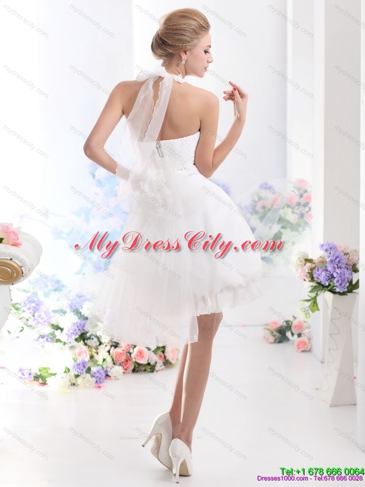 Cheap Halter Top Laced Short Bridal Gowns in White