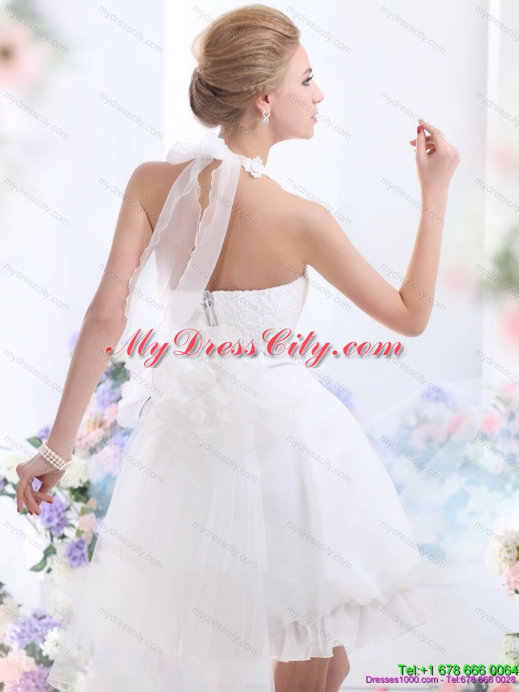 Cheap Halter Top Laced Short Bridal Gowns in White