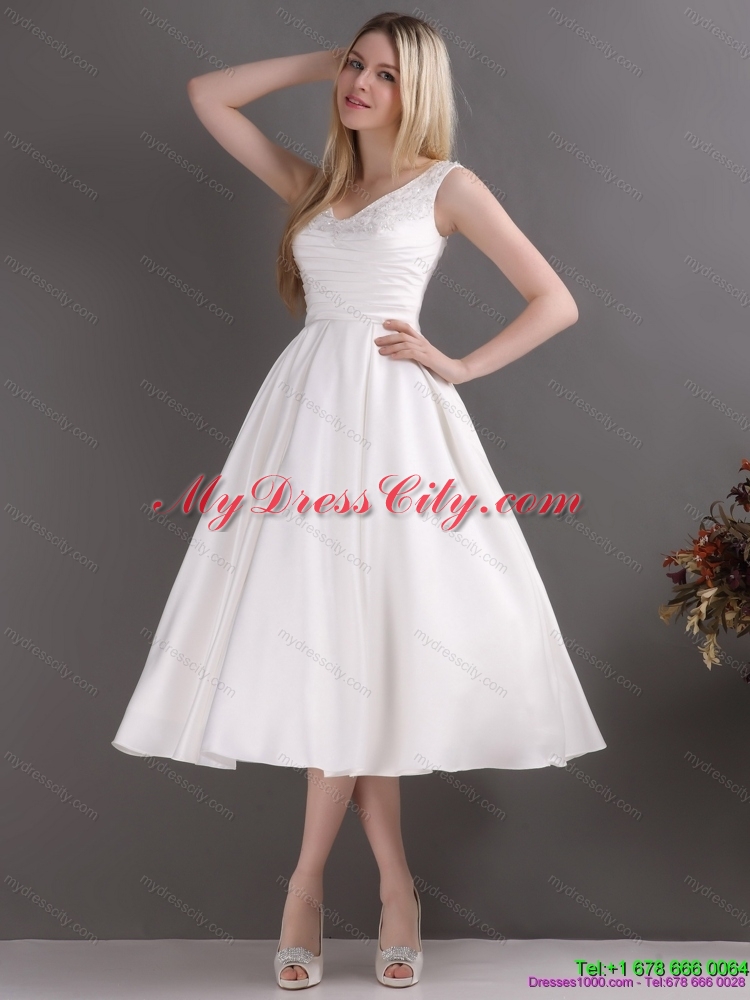2015 Popular Beaded Ruched Short Wedding Dresses in White