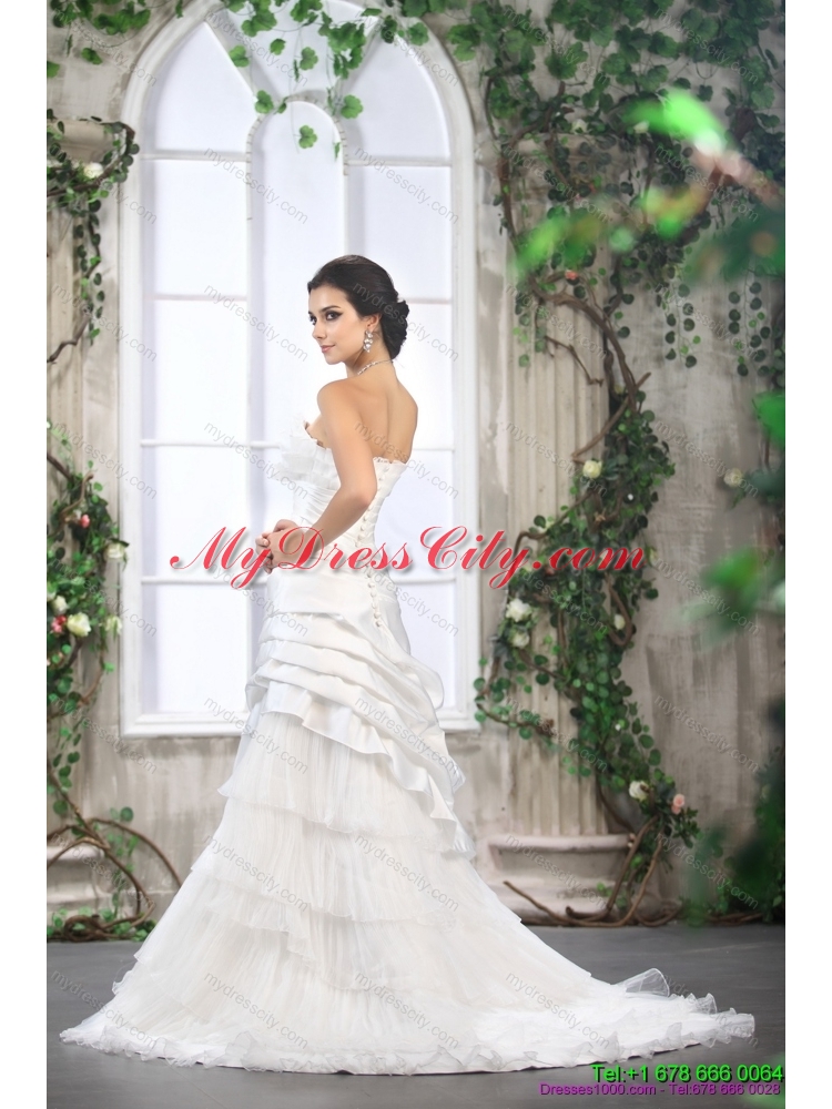 2015 Unique Ruffled Layers White Wedding Dresses with Brush Train