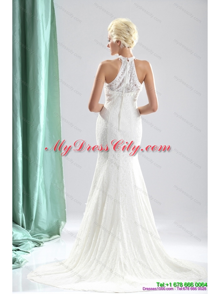 Unique White High Neck Lace Mermaid Bridal Dresses with  Brush Train