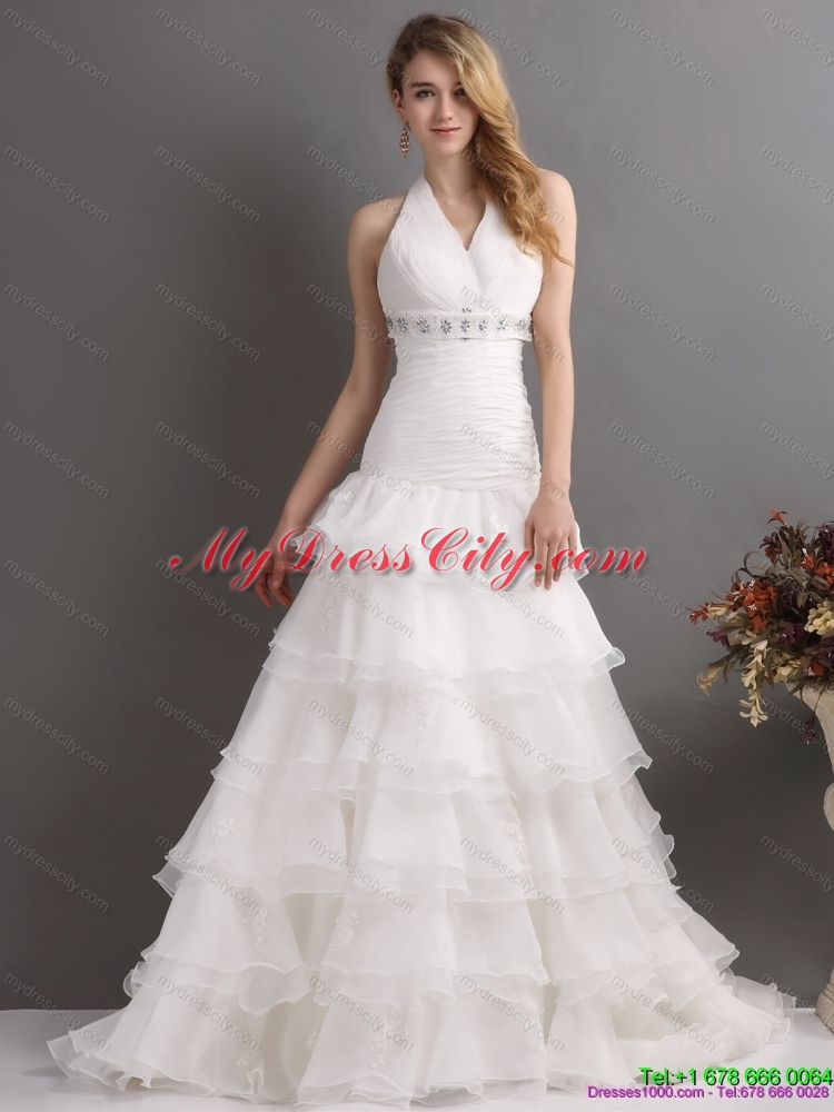 White Halter Top Beading Wedding Dresses with Ruffled Layers and Brush Train