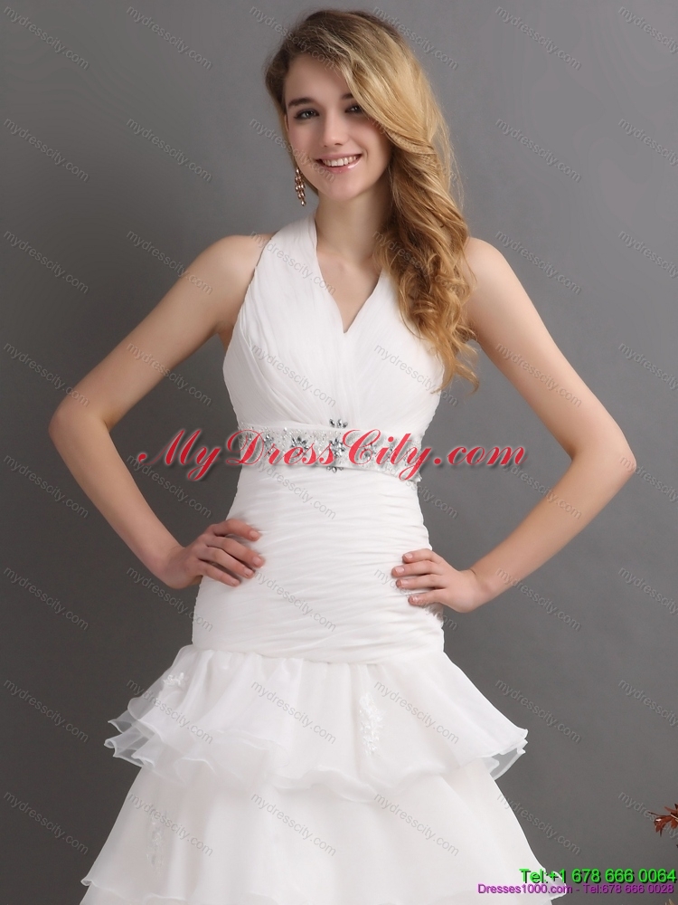 White Halter Top Beading Wedding Dresses with Ruffled Layers and Brush Train