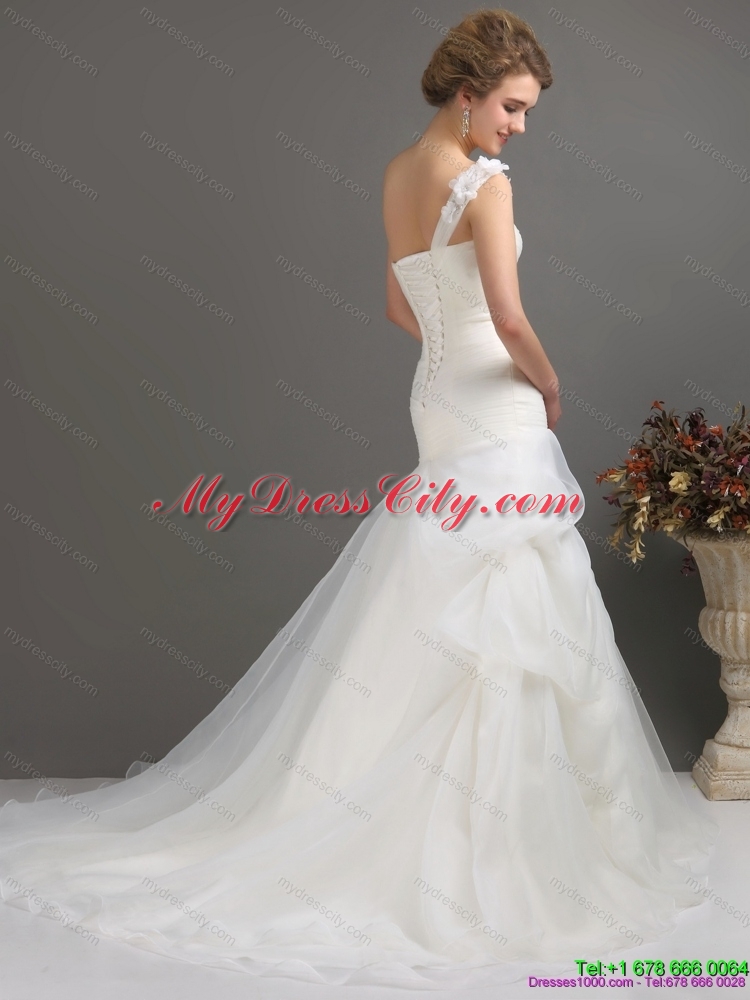 2015 Modest One Shoulder Mermaid Wedding Dresses with Ruching and Hand Made Flowers