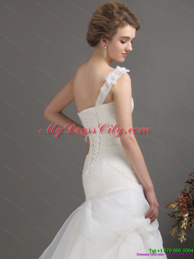 2015 Modest One Shoulder Mermaid Wedding Dresses with Ruching and Hand Made Flowers