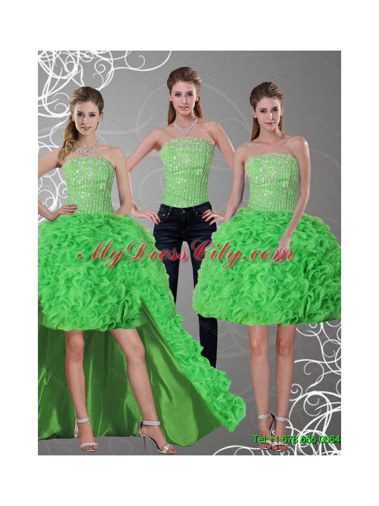 Detachable 2015 New Style Spring Green Strapless Prom Skirts with Beading and Ruffles