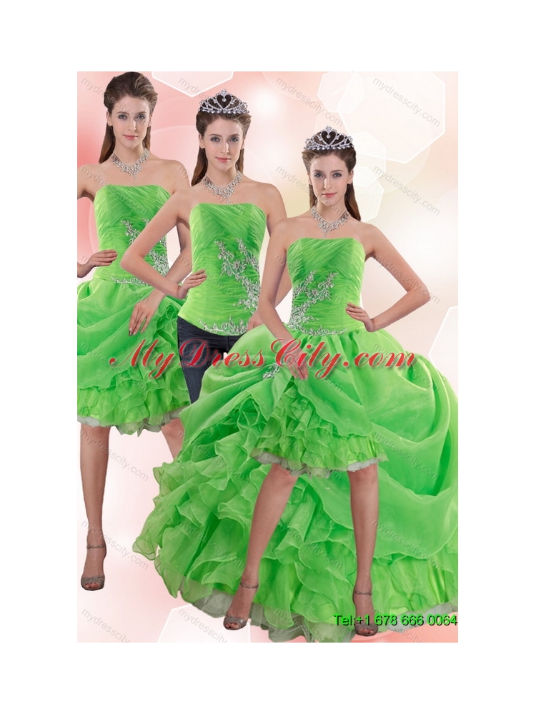 Detachable Strapless Spring Green Prom Skirts with Appliques and Ruffles