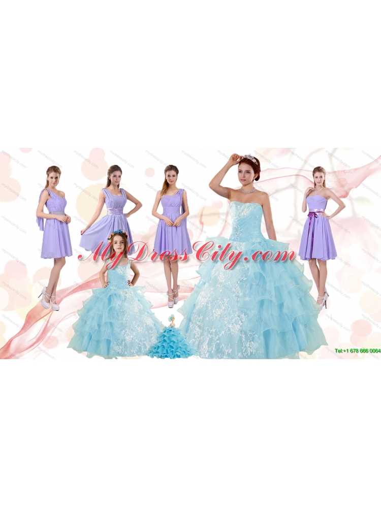 Strapless Ruffles Elegant Quinceanera Dress and Lavender Mini Length Prom Dress and  Appliques and Ruffles Baby Bule Little Girl Pageant Dress