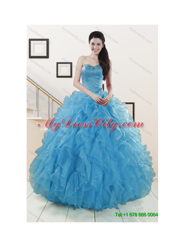 2015 Cheap Teal Sweetheart Quinceanera Dress and Ruching and Beading Short Prom Dresses and Halter Top Ruffles Little Girl Dress