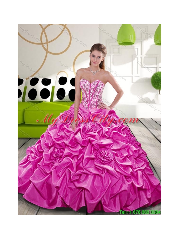 2015 Affordable Fuchsia Dress for Quince with Beading and Pick Ups