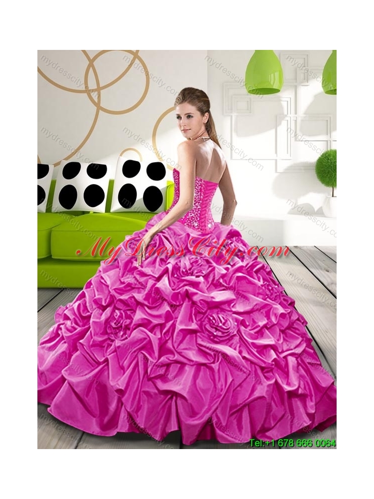 2015 Affordable Fuchsia Dress for Quince with Beading and Pick Ups