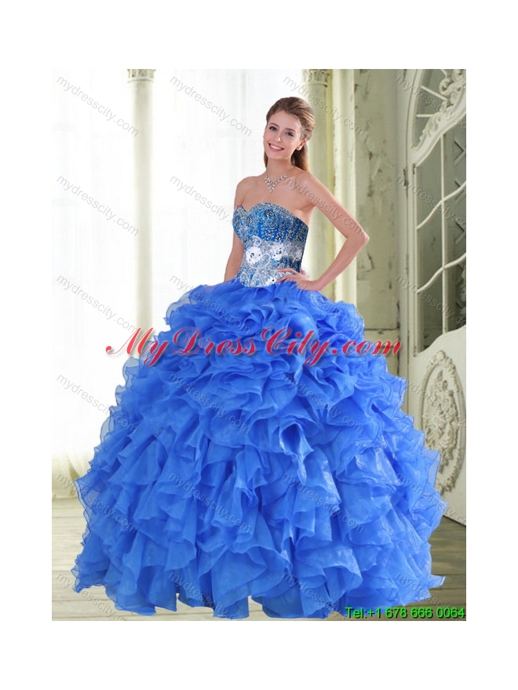 Beautiful Beading and Ruffles Sweetheart Blue Quinceanera Dresses for 2015 Spring