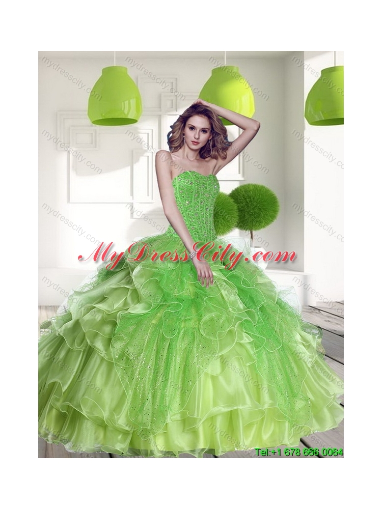 Cheap Spring Green 2015 Quinceanera Dress with Beading and Ruffles