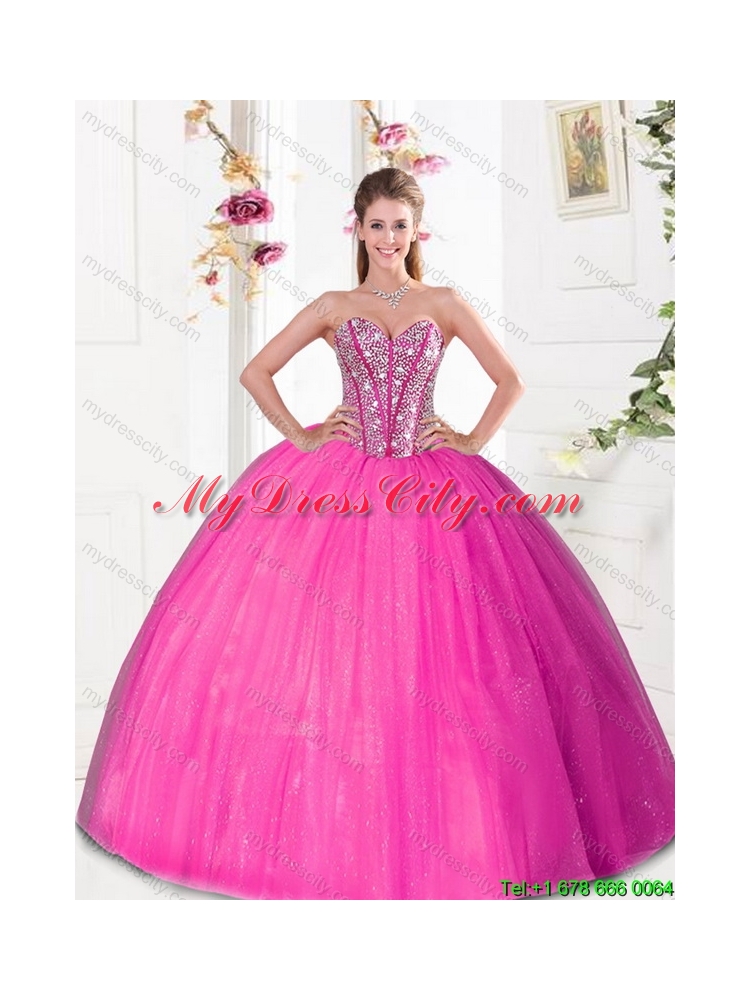 Designer Beading and Pick Ups 2015 Quinceanera Dresses in Hot Pink