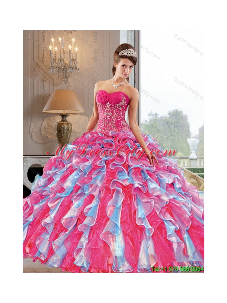 2015 Latest Ball Gown Quinceanera Dresses with Appliques and Ruffles