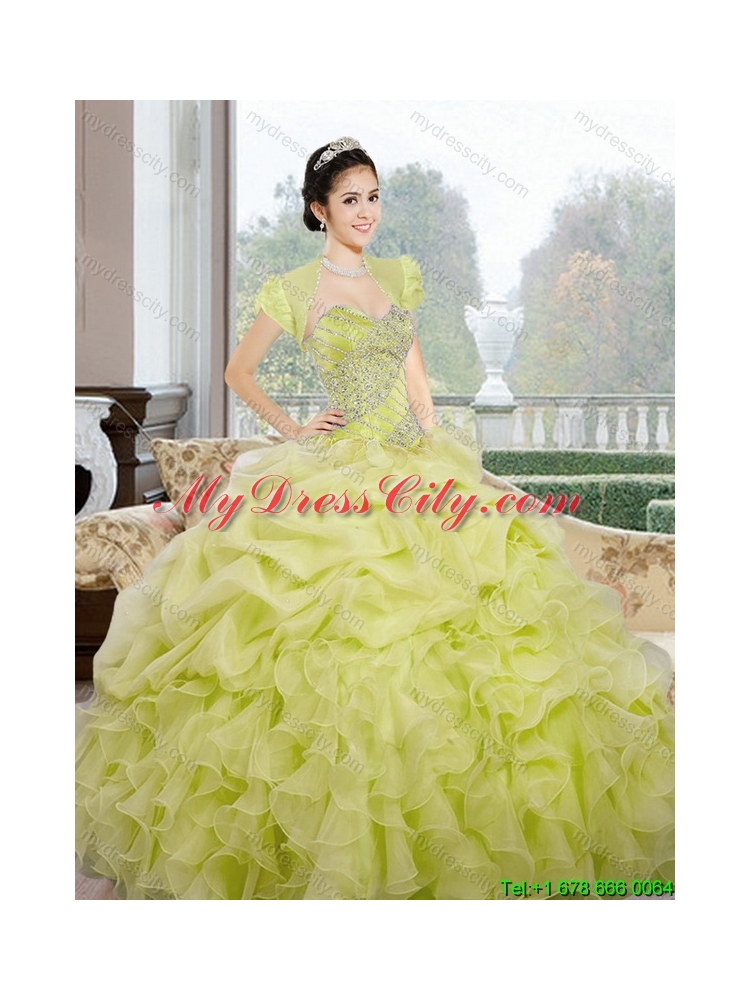 2015 Unique Sweetheart Yellow Green Quinceanera Dresses with Ruffles and Pick Ups