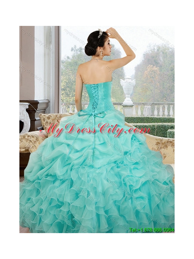 2015 Unique Sweetheart Yellow Green Quinceanera Dresses with Ruffles and Pick Ups