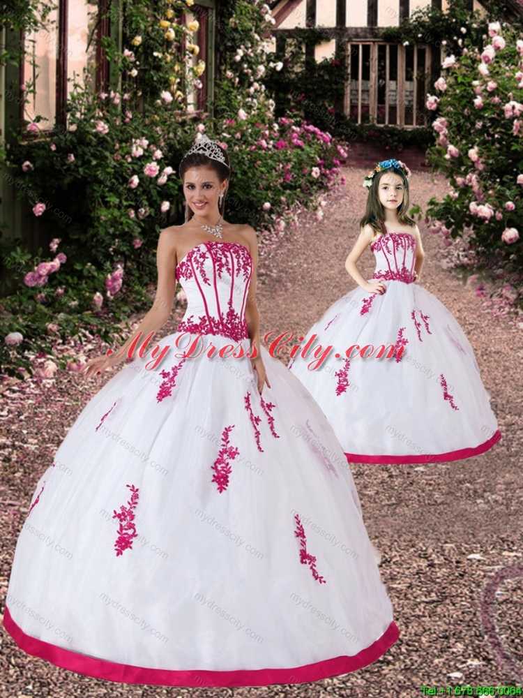 2015 Unique Satin and Organza Appliques White and Hot Pink Princesita Dress