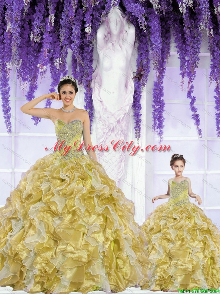 2015 Popular Organza Beading and Ruffles Gold Princesita Dress